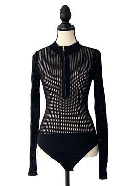 Lili Sidonio Black Long-Sleeve Mesh Zip-Neck Bodysuit Size M